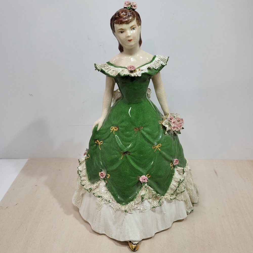 Vintage Rose Marie 1949 Porcelain‎ Figurine Woman Green Gown Holding Flowers